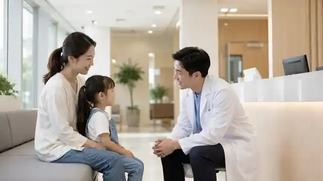 보호자와 아이가 의료진과 상담하는 진료 안내 풍경