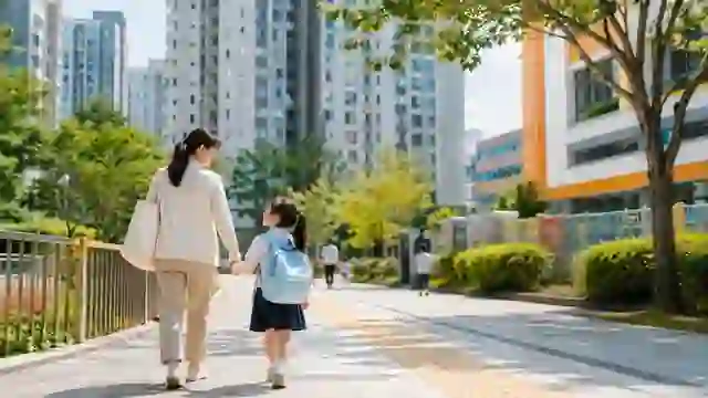 보호자와 아이가 학교로 걸어가는 등교 생활 풍경